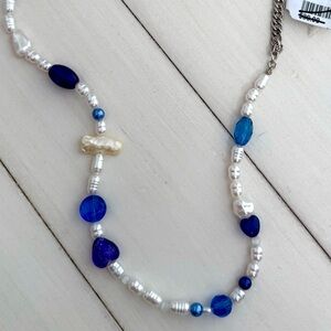 FREE PEOPLE - Belly Chain Freshwater Pearl Blue Beads Silver Chain